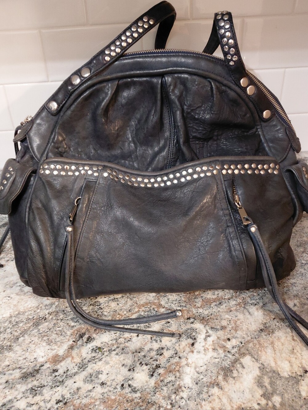 Junior Drake Charcoal Silver Studded Distressed Leather Large Hobo Bag Purse